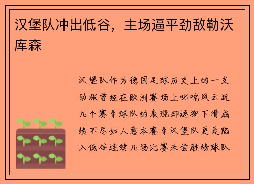 汉堡队冲出低谷，主场逼平劲敌勒沃库森