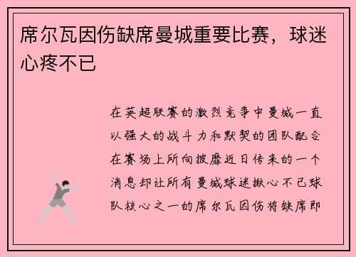 席尔瓦因伤缺席曼城重要比赛，球迷心疼不已