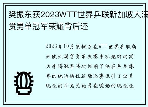 樊振东获2023WTT世界乒联新加坡大满贯男单冠军荣耀背后还