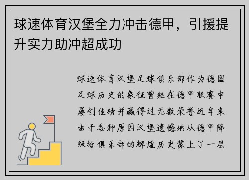 球速体育汉堡全力冲击德甲，引援提升实力助冲超成功