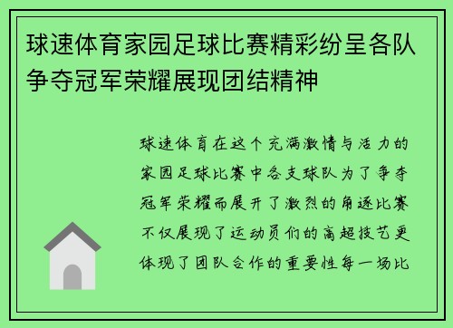 球速体育家园足球比赛精彩纷呈各队争夺冠军荣耀展现团结精神
