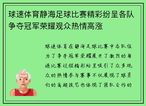 球速体育静海足球比赛精彩纷呈各队争夺冠军荣耀观众热情高涨