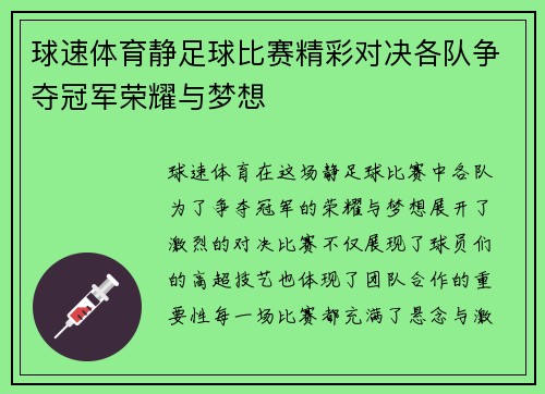 球速体育静足球比赛精彩对决各队争夺冠军荣耀与梦想
