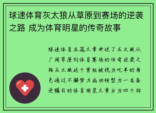 球速体育灰太狼从草原到赛场的逆袭之路 成为体育明星的传奇故事