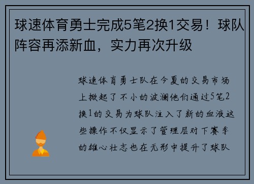 球速体育勇士完成5笔2换1交易！球队阵容再添新血，实力再次升级