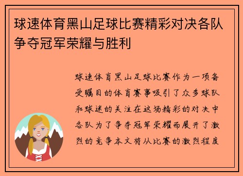 球速体育黑山足球比赛精彩对决各队争夺冠军荣耀与胜利