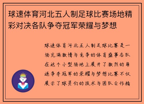 球速体育河北五人制足球比赛场地精彩对决各队争夺冠军荣耀与梦想