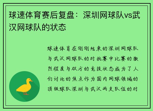 球速体育赛后复盘：深圳网球队vs武汉网球队的状态